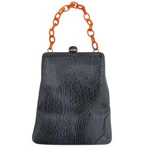 vtg 40s 50s RONAY Framed Croco emboss leather hand bag w Plastic chain